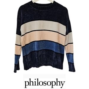 Philosophy Chenille Sweater, Blue, Pastel Pink, White Stripe, Women's S
